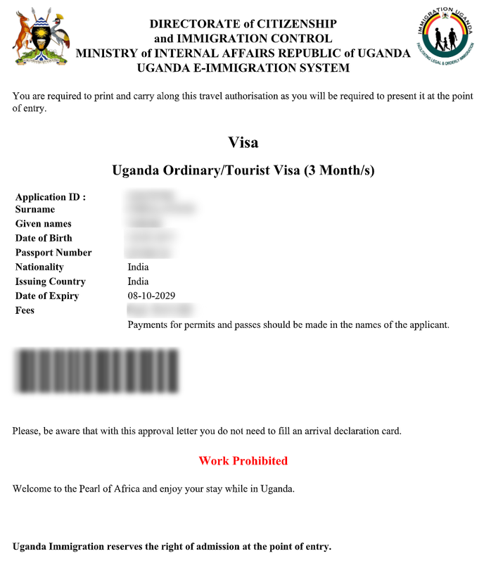 Example of a&nbsp;Uganda e-Visa document